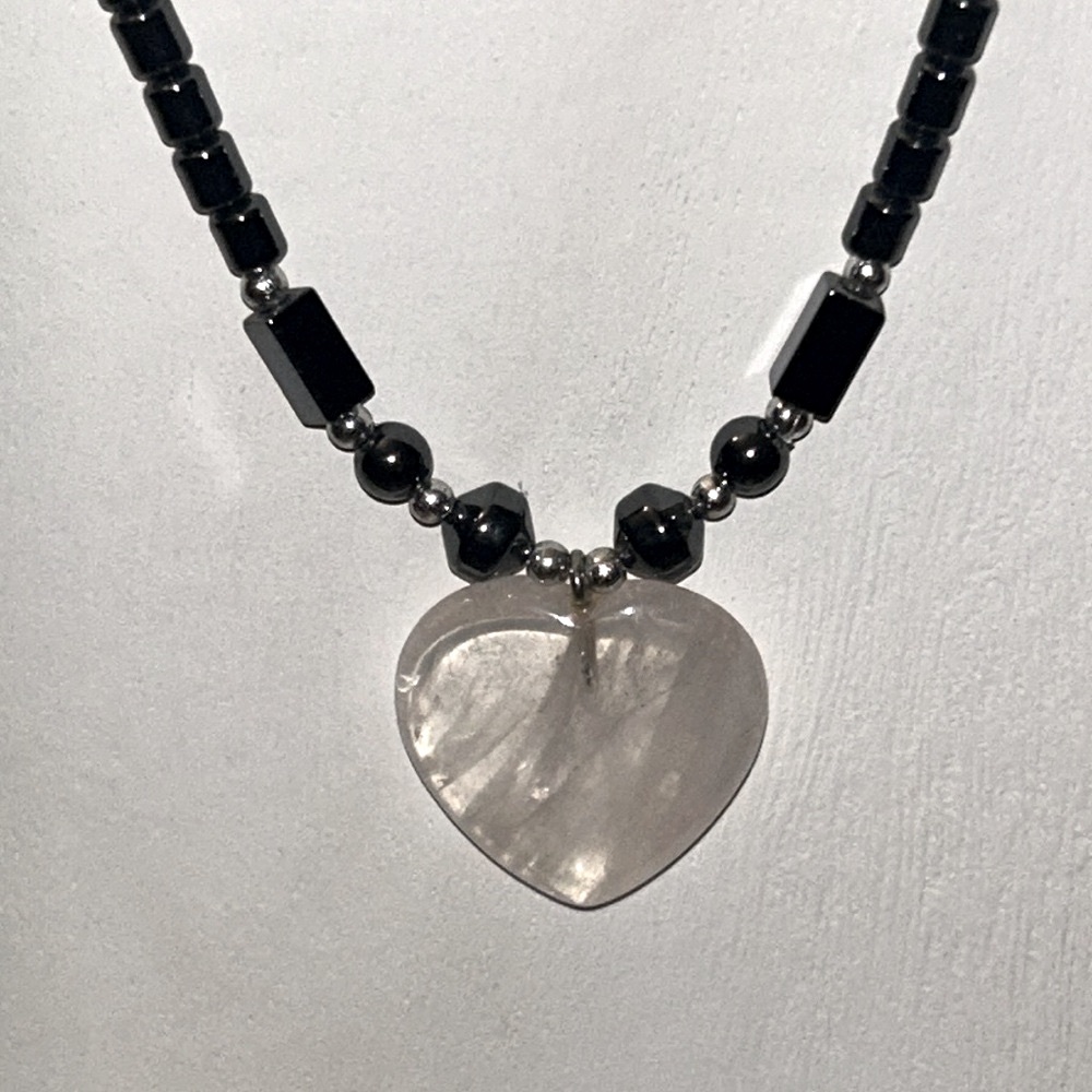 New Hand Crafted Heart Shaped Milky Quartz Stone And Hematite Bead Necklace